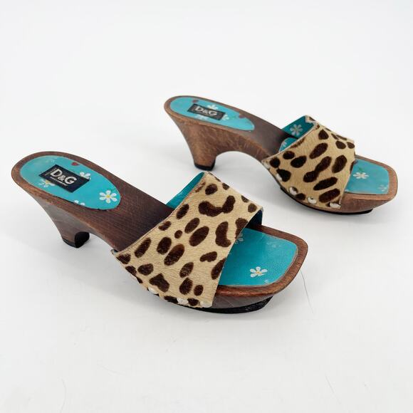 Dolce & Gabbana Vintage Leopard Calf Hair Wooden Mule Clog Sandals size 7 - Picture 1 of 11